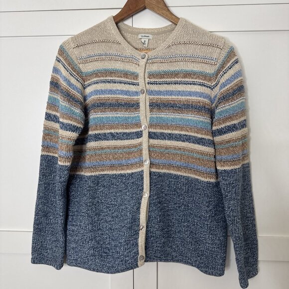 L.L. Bean Knit Striped Button Front Cardigan Sweater Women’s Sz Med 100% Cotton - Picture 1 of 12